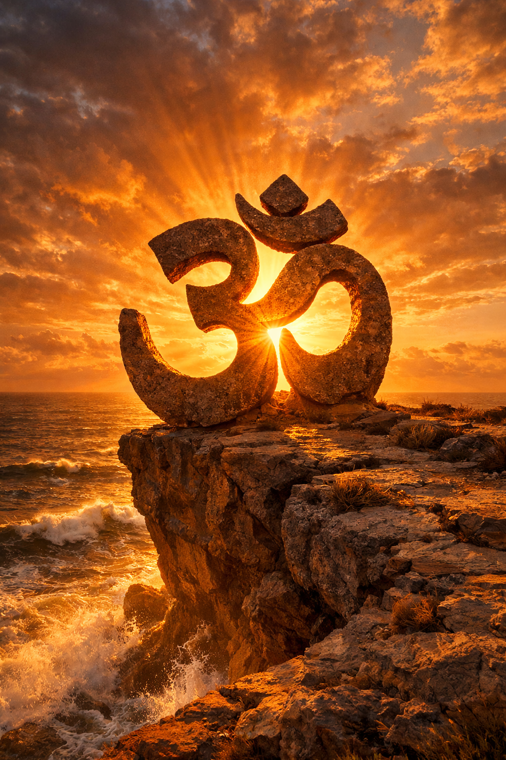 Om Carved in Stone — Coastal Sunrise Silhouette HD Wallpaper