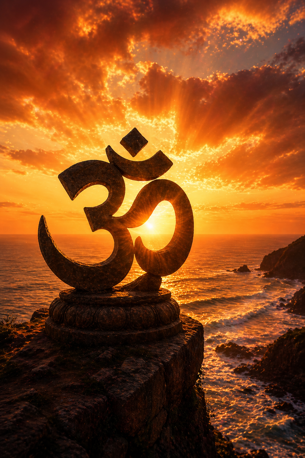 Om Symbol Stone Sculpture — Ocean Cliff Sunrise HD Wallpaper