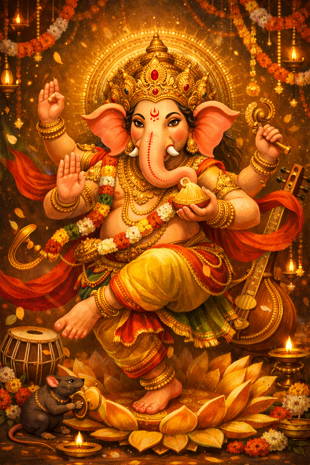 Ganesha Dancing -- Golden Lotus Festive Warm HD Wallpaper