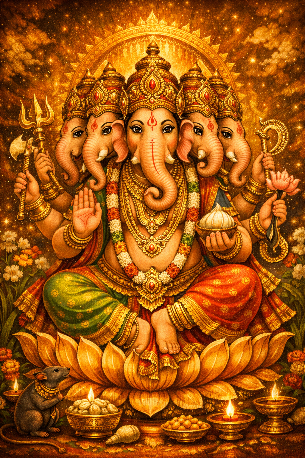 Panchmukhi Ganesha -- Cosmic Golden Sparkle Ornate HD Wallpaper