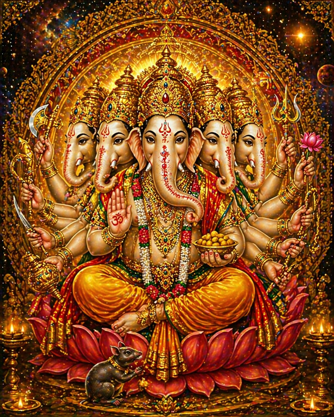 Panchmukhi Ganesha -- Five-Headed Cosmic Gold Red HD Wallpaper