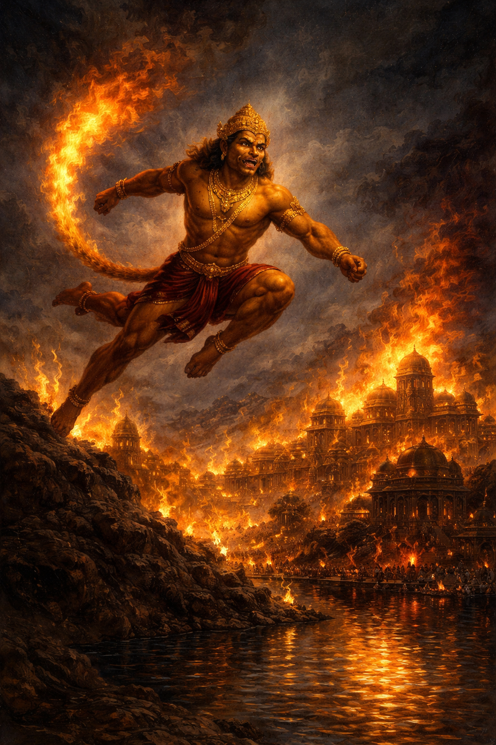 Hanuman Burning Lanka — Tail Ablaze Over the Golden City
