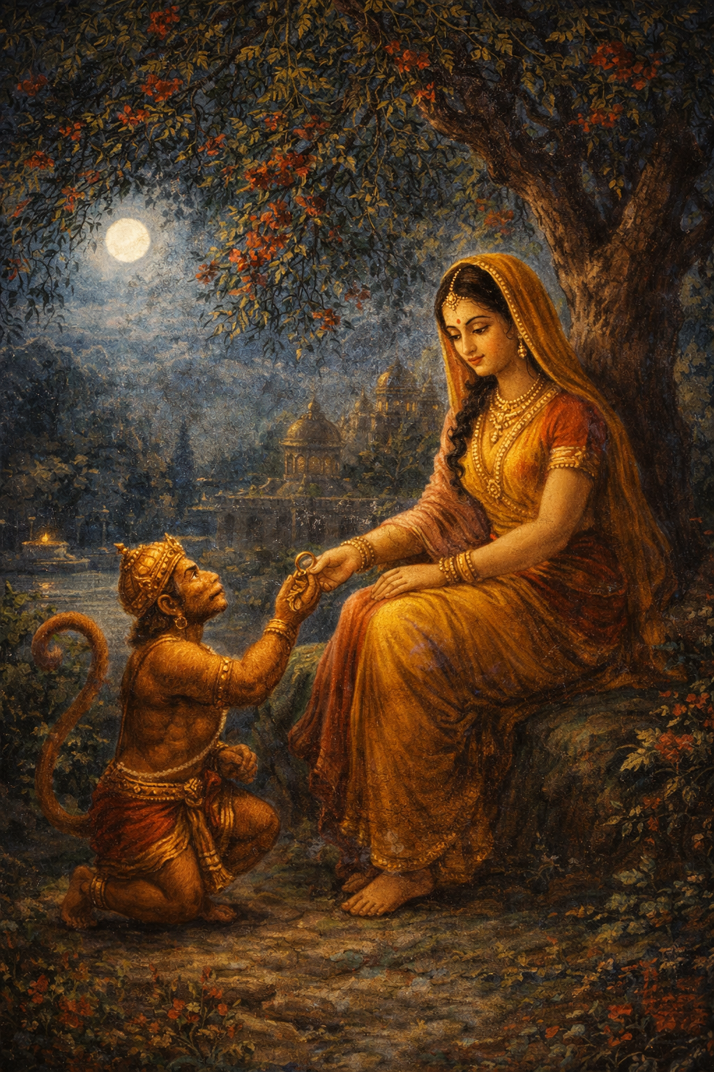 Hanuman Meeting Sita in Ashoka Vatika — Moonlit Garden of Lanka