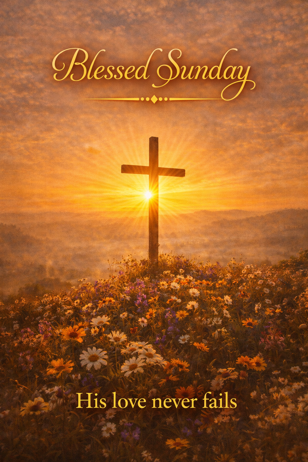 Blessed Sunday — Cross on Hilltop at Sunrise with Wildflowers