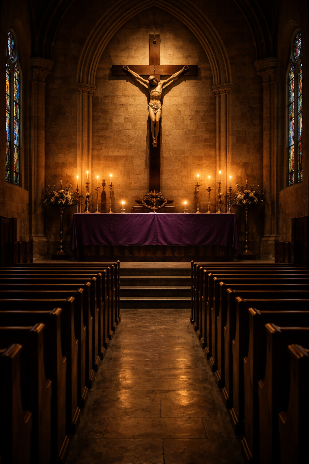 Church Interior on Good Friday — Candlelit Crucifix