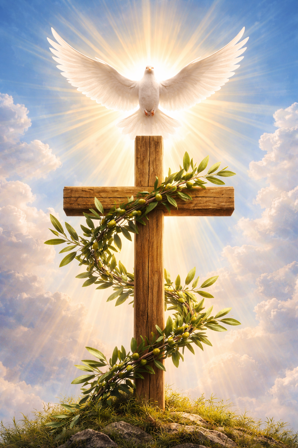 Cross with White Dove and Olive Branches — Holy Spirit