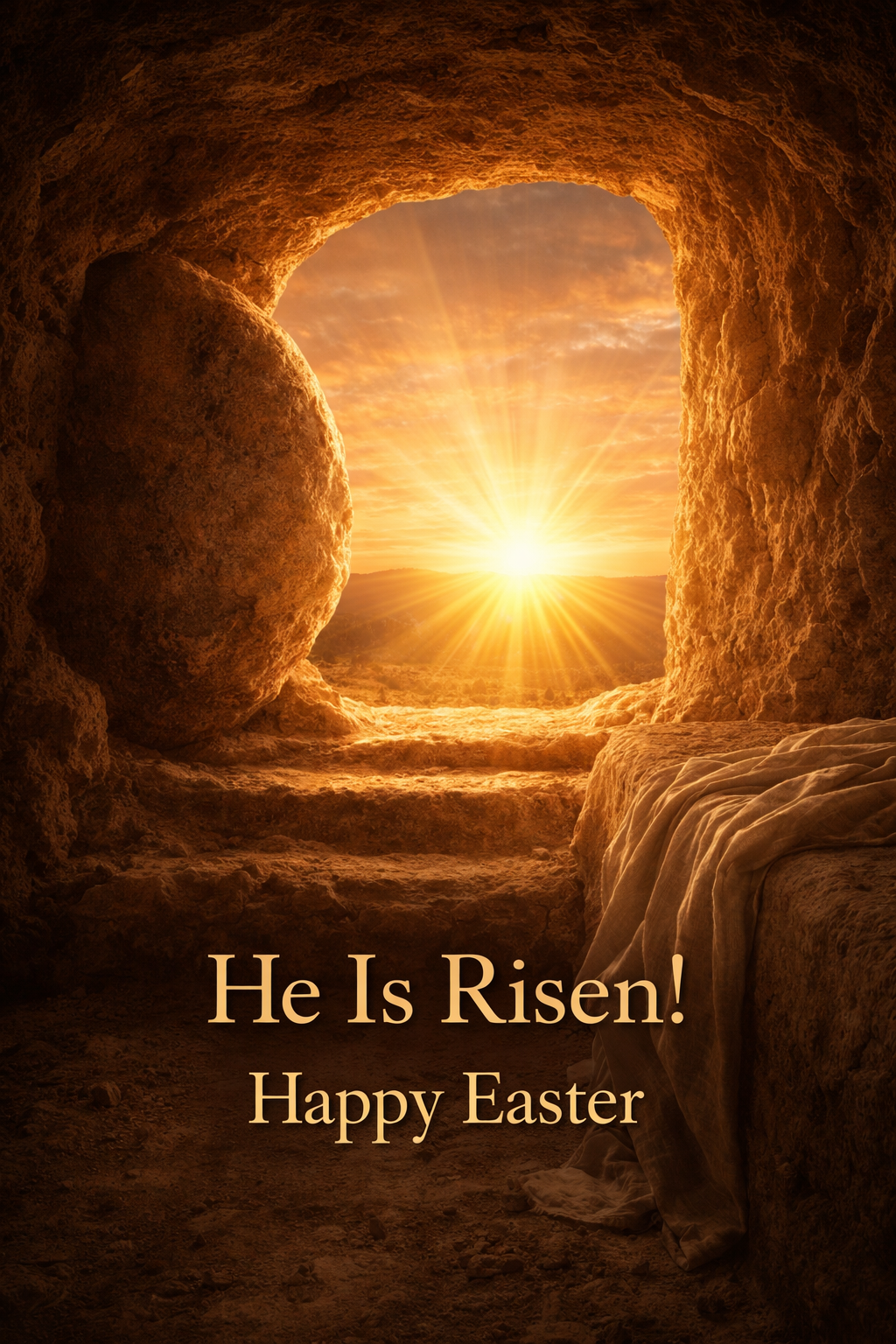 "He Is Risen!" Happy Easter — Empty Tomb WhatsApp Greeting