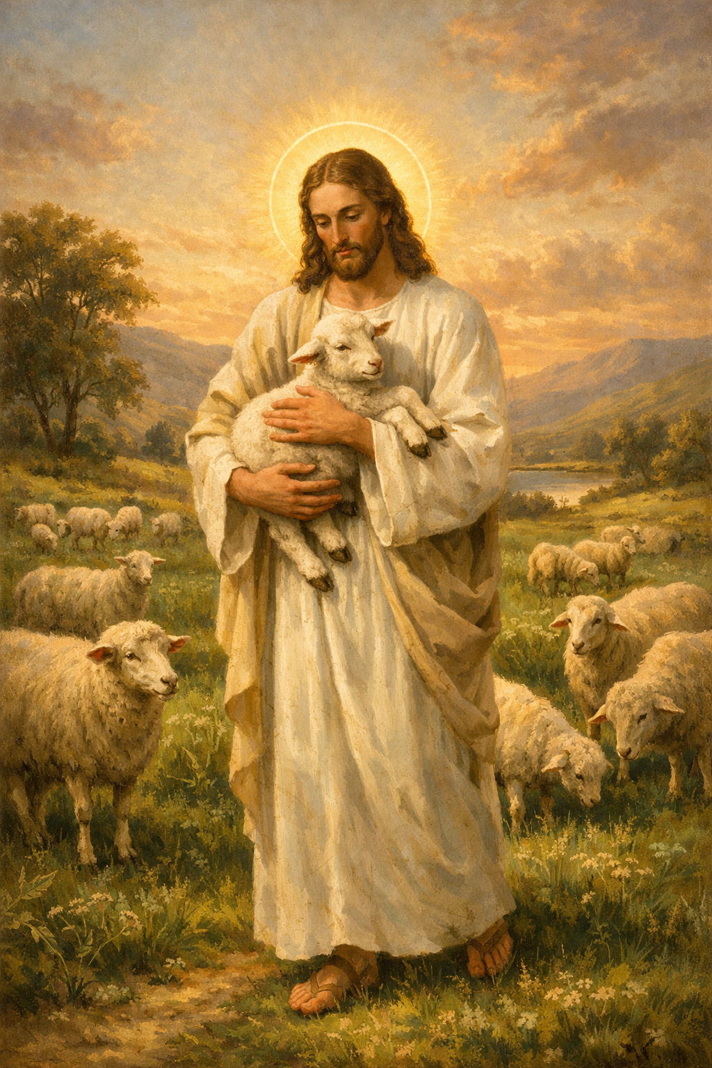 Jesus Christ the Good Shepherd Holding a Lamb