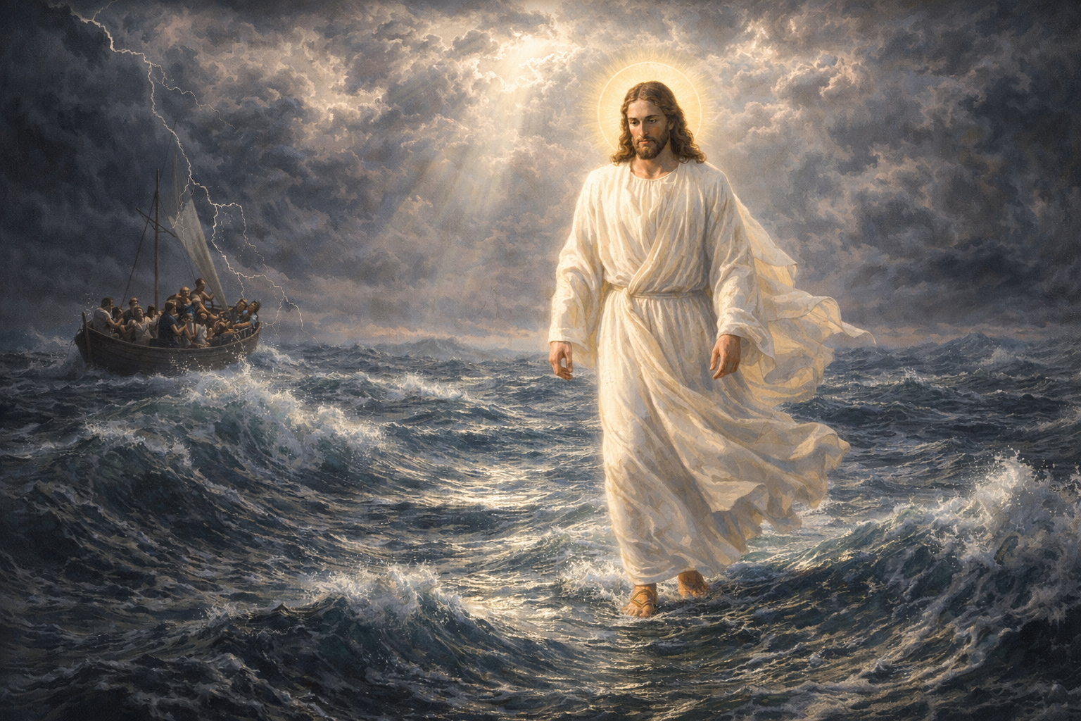 Jesus Christ Walking on Water During a Storm