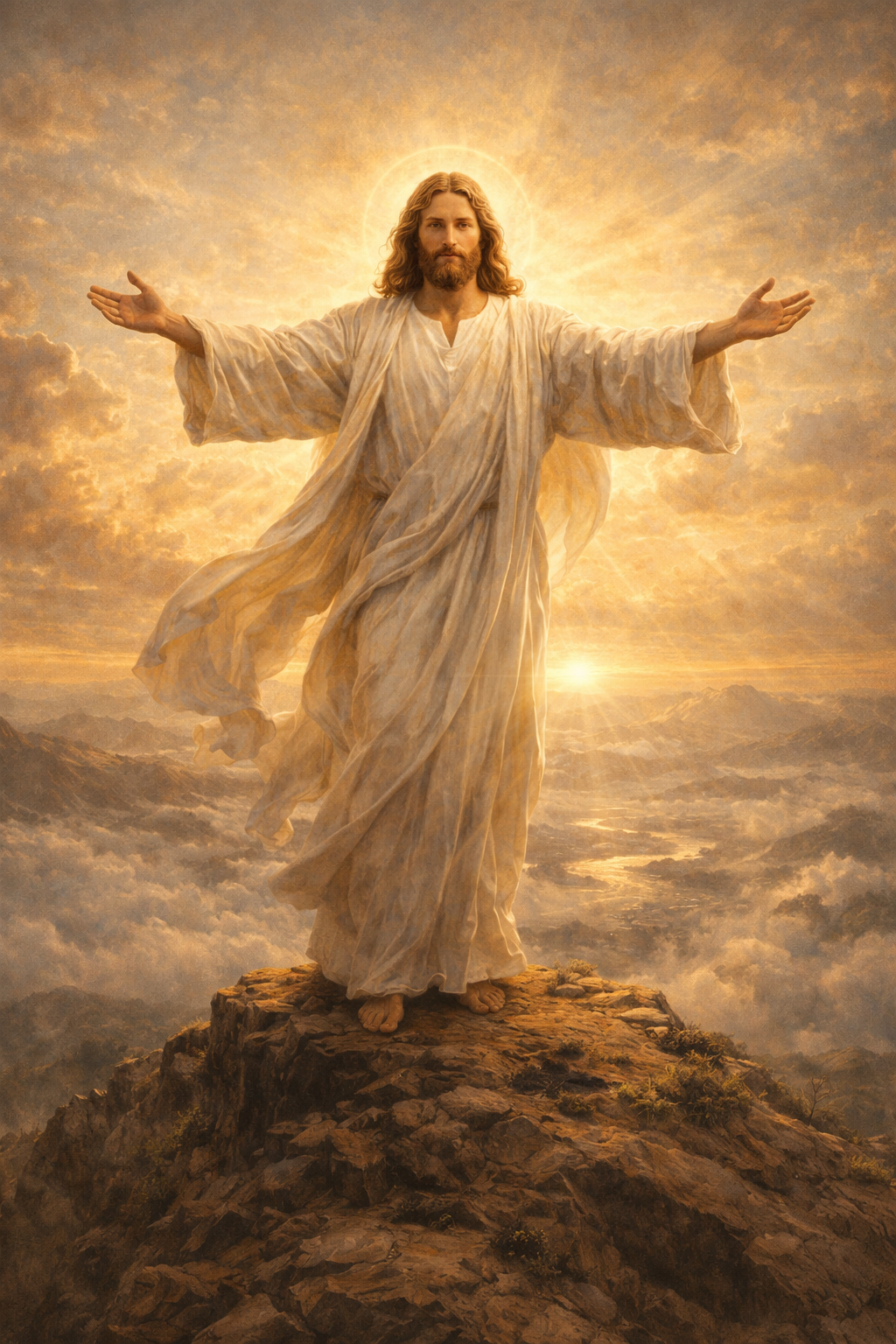Jesus Christ on the Mountaintop — Arms Outstretched at Sunrise