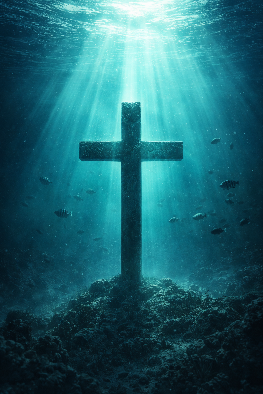 Underwater Cross with Light Rays — Ocean Baptism Theme