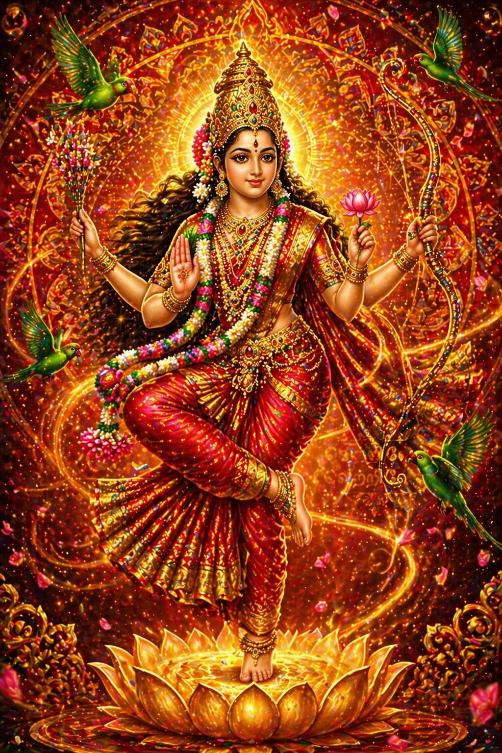 Kamakshi Amman -- Cosmic Dance with Green Parrots HD Wallpaper