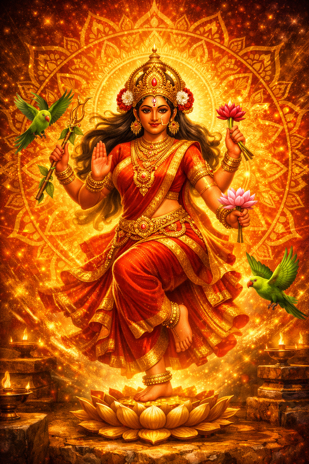 Kamakshi Amman -- Divine Dance Mandala Parrots HD Wallpaper