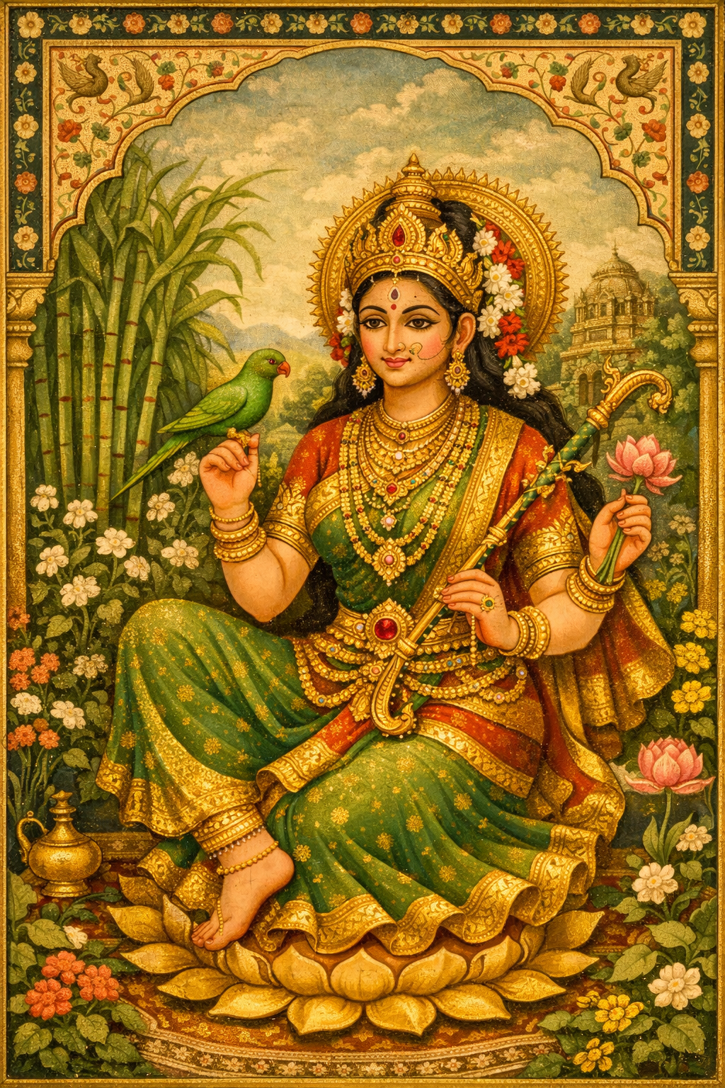 Kamakshi Amman -- Parrot Garden Traditional Painting HD Wallpaper