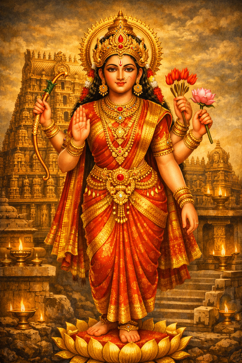 Kamakshi Amman -- Standing on Lotus Temple Steps Oil Painting HD Wallpaper