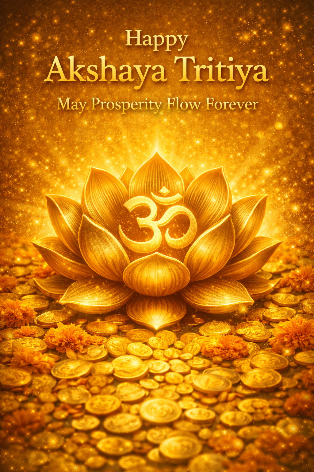 Happy Akshaya Tritiya — Golden Lotus with Om Symbol and Coins