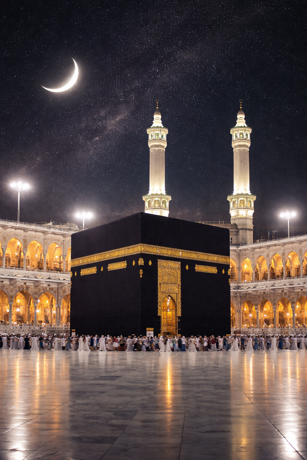 Kaaba at Night with Crescent Moon