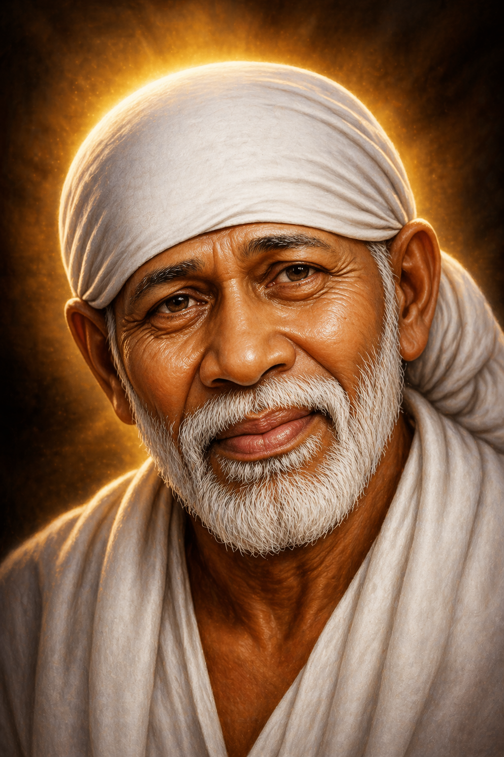 Shirdi Sai Baba Portrait — Divine Golden Light HD Wallpaper