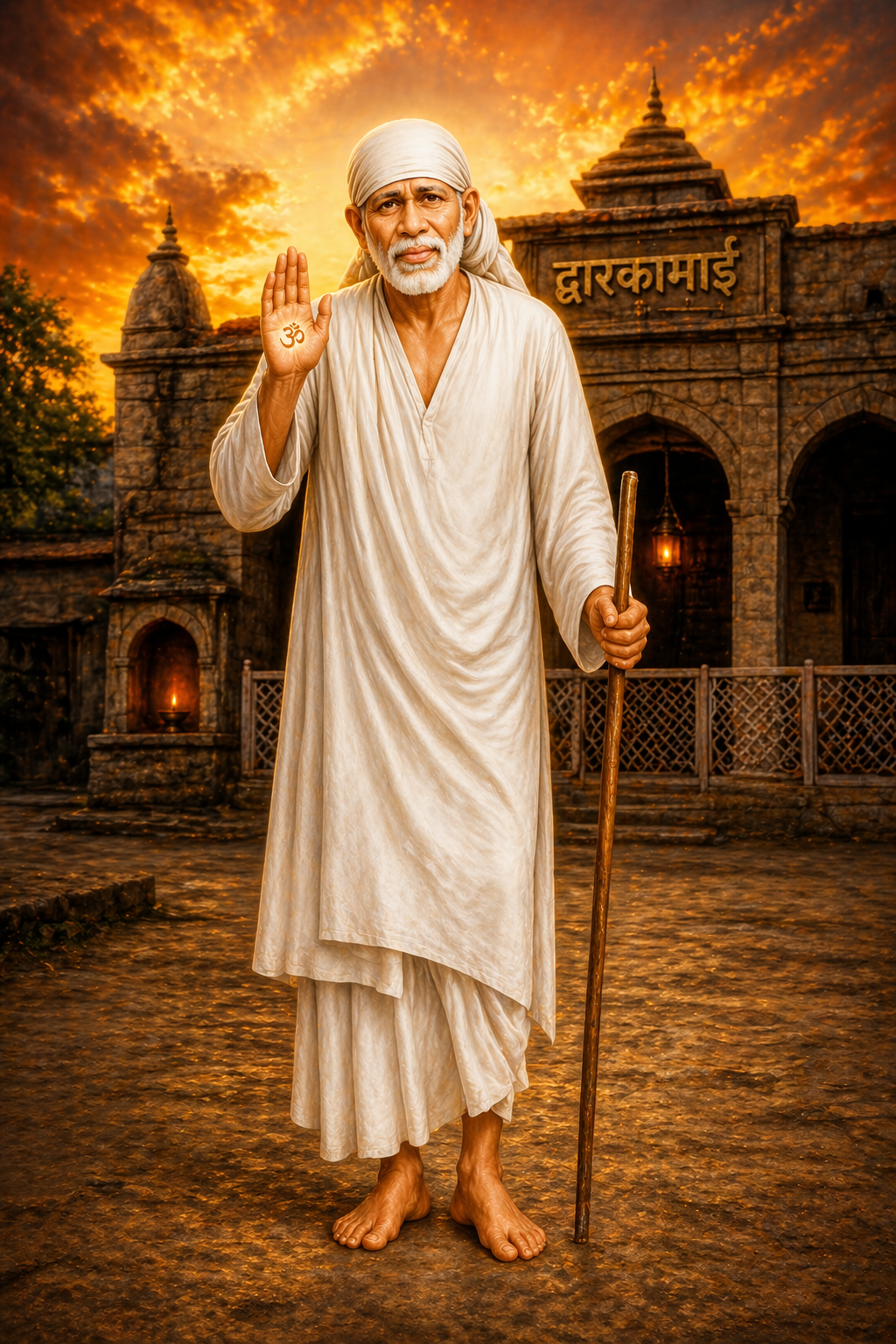 Shirdi Sai Baba Standing at Dwarkamai — Blessing Pose HD Wallpaper