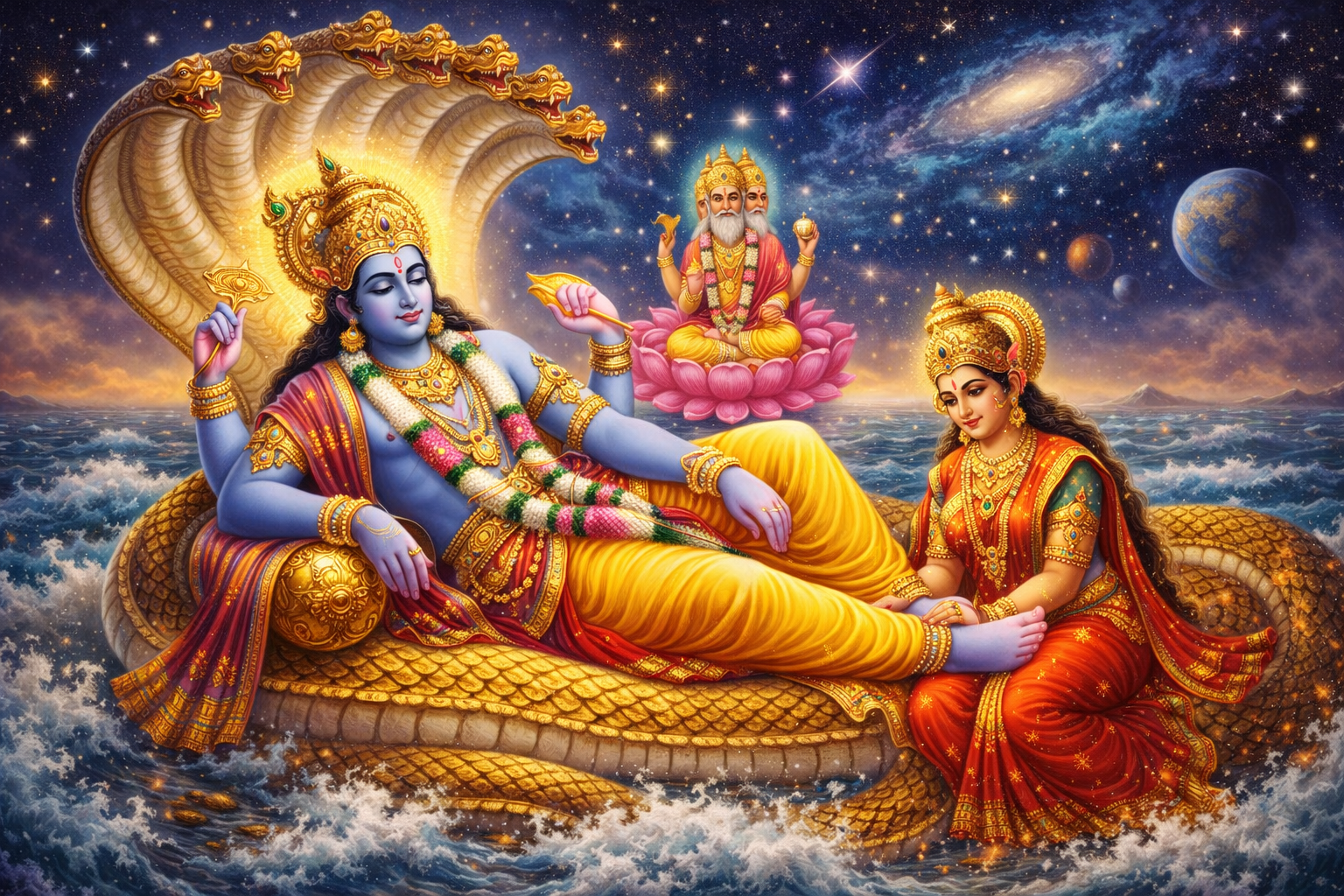 Lord Vishnu and Lakshmi on Sheshanaga — Cosmic Ocean Scene